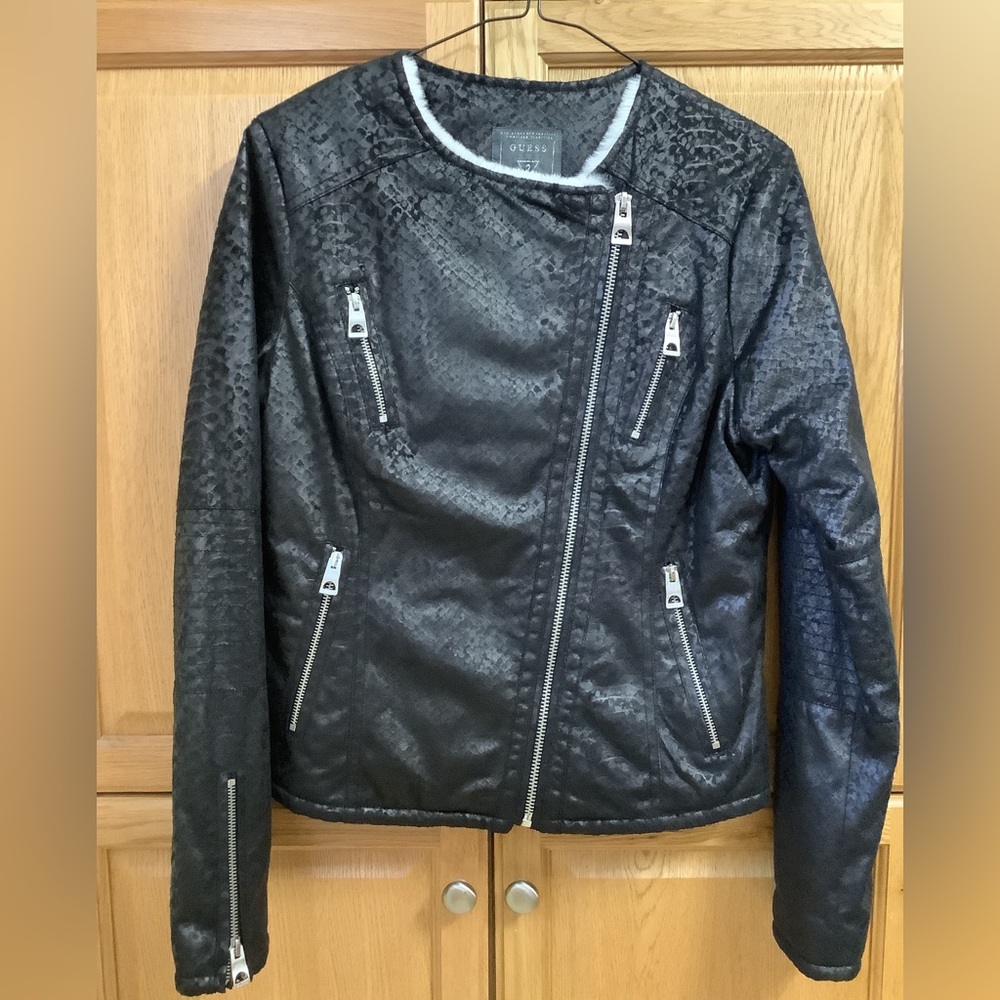Guess jacket, moto style, faux suede, faux fur, animal print, S, NWOT, retro